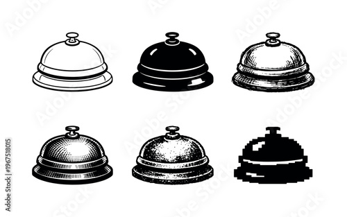 Hotel Bell Variations. Polished hotel service bell with round dome top and small button, used at reception desks to request