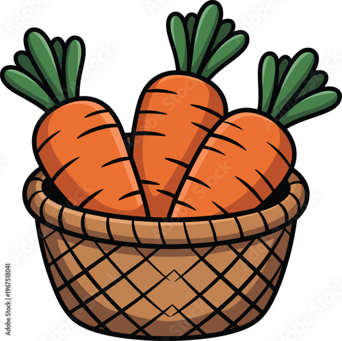 Cartoon of three fresh orange carrots with green leafy tops sitting inside a woven brown wicker basket