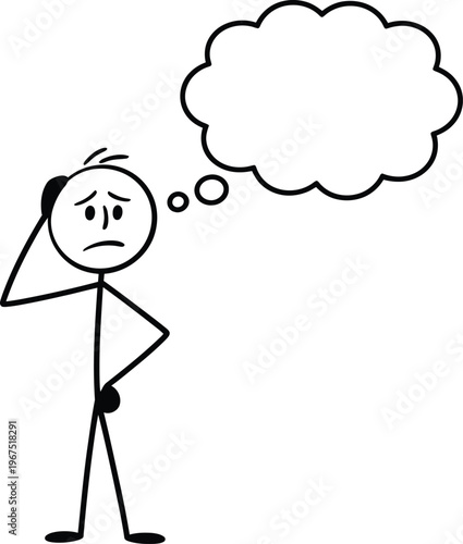 Confused stick figure man scratching his head with a blank thought bubble