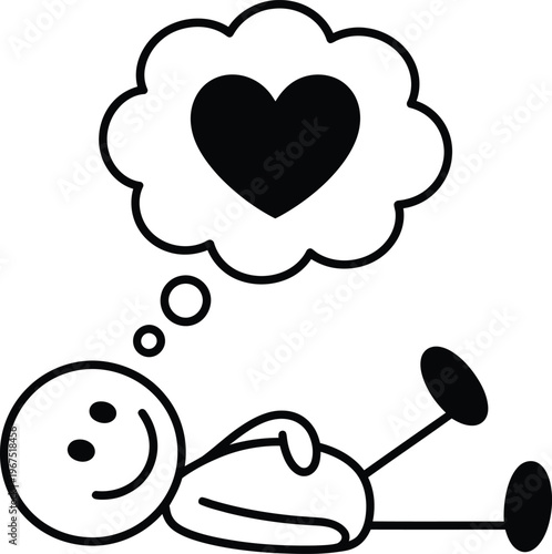 Stick figure lying down and dreaming about love with a heart symbol inside a thought bubble