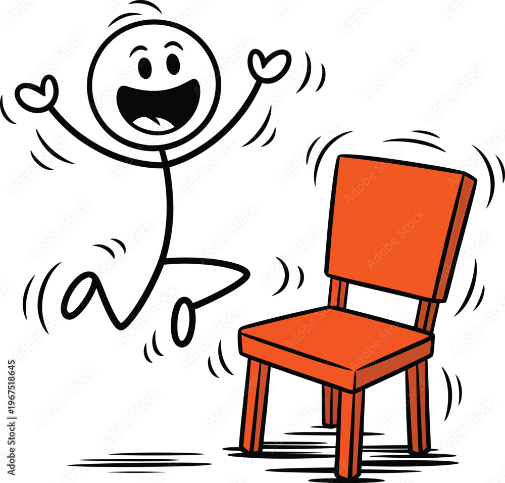 Fototapeta premium Excited stick figure jumping with joy next to a simple red chair