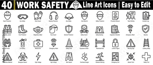 Industrial work safety icons set. Collection of protective equipment, including head protection, eye safety, and hearing protection, line art vector graphic elements, vector illustration.
