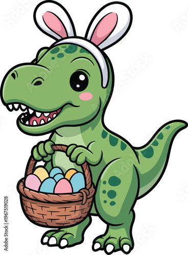 Cute cartoon trex dinosaur wearing easter bunny ears headband and holding a basket full of colorful decorated easter eggs
