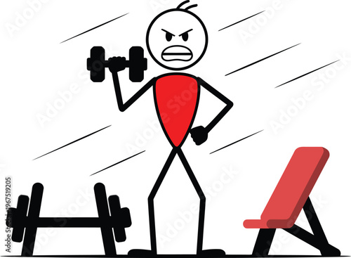 Angry stick figure exercising with dumbbells and a workout bench in a gym setting