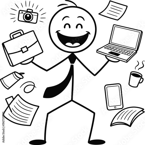 Happy stick figure businessman multitasking with office supplies and gadgets