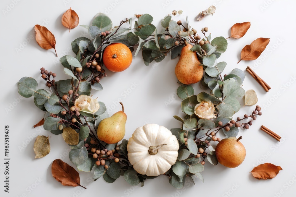 Fototapeta premium Top-down fall centerpiece for web banners: eucalyptus, berry garland, pears and orange/cream pumpkins on white background