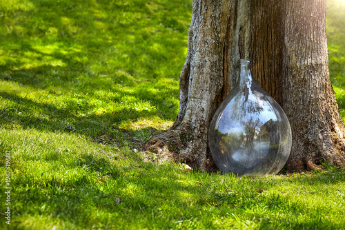 Foto Large vintage glass carboy bottle Olive Oil old olive tree trunk sunny green garden green grass