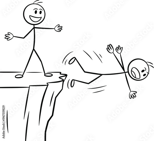 Cartoon stick figure man pushing another person off a cliff