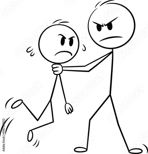 Angry stick figure man choking and lifting a smaller person by the neck