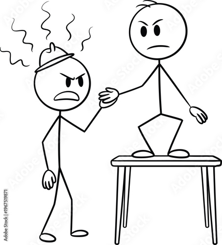 Cartoon stick figure drawing of angry man helping another man standing on a table