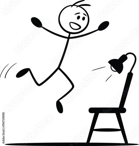Stick figure jumping with joy near a chair with a lamp