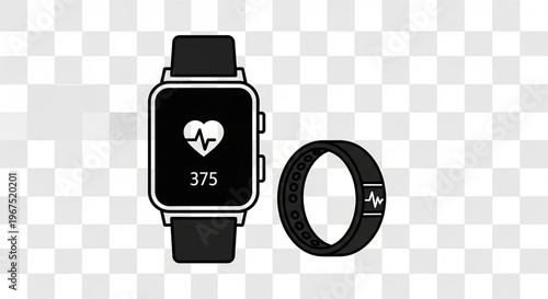 A vector graphic illustration of a smartwatch and fitness tracker on a transparent background