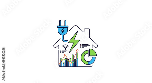 A vector graphic illustration of a house with energy efficiency symbols and charts