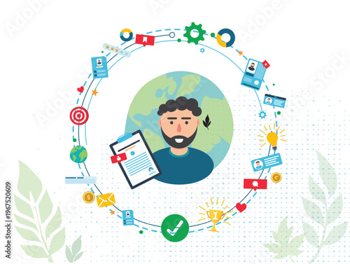 Online recruitment and hiring: candidate profile with resume clipboard, surrounded by HR icons like chat, email, target, trophy, checkmark, globe and lightbulb.