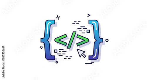A colorful vector graphic illustration of coding symbols and brackets online