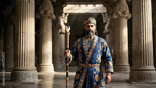 Achaemenid Persian king standing in majestic columned hall of Persepolis wearing royal blue ceremonial robes holding golden scepter representing imperial power and authority