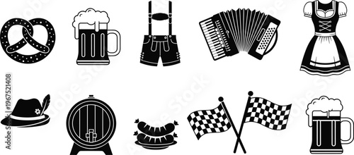 Professional Oktoberfest Elements Silhouettes Vector Set Featuring Beer Mugs Pretzel Accordion and Traditional German Clothing for Festival Designs