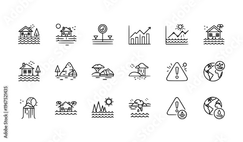 Sea Level Rise and Climate Impact Outline Icons with Flooded Land Ocean Increase and Environmental Crisis Symbols Vector