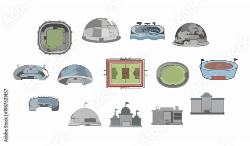 Modern Sports Arena Line Icons Collection with Stadium Top View Dome Venues and Athletic Facilities Vector