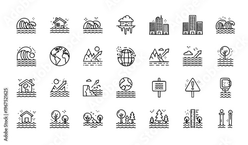 Sea Level Rise Outline Icon Set with Climate Change Flood Water Disaster and Environmental Warning Symbols Vector