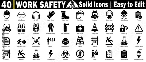Work safety solid color icons set. Featuring Industrial signage, including a hard hat, face shield, fire extinguisher, and warning signs for the workplace environment vector illustration.