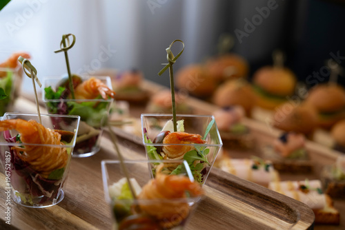 Cuadro en lienzo Elegant shrimp appetizers in clear cups served at a catered party or wedding rec