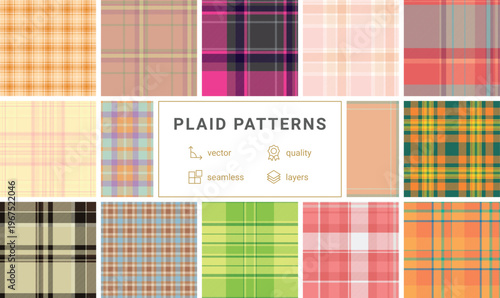 Seasonal plaid pattern set inspired by Thanksgiving atmosphere. Perfect for holiday marketing, invitations, and printed goods. Seamless vectors maintain consistency.