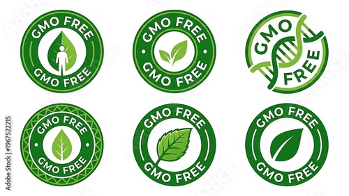 Variety of green gmo free logos on white background