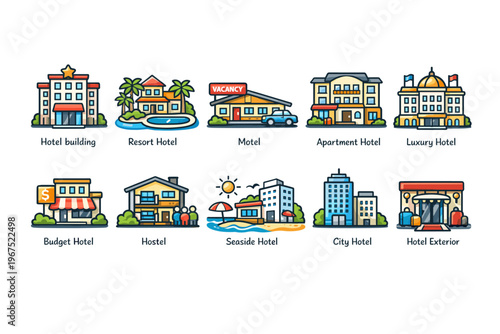 Collection of diverse hotel and accommodation building icons for travel and hospitality