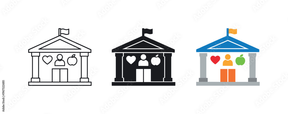 Fototapeta premium Public assistance concept illustrated by matching government service building icons aligned horizontally with identical facade