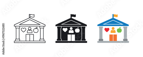 Public assistance concept illustrated by matching government service building icons aligned horizontally with identical facade