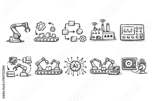 Collection of hand-drawn icons representing automation and industrial processes