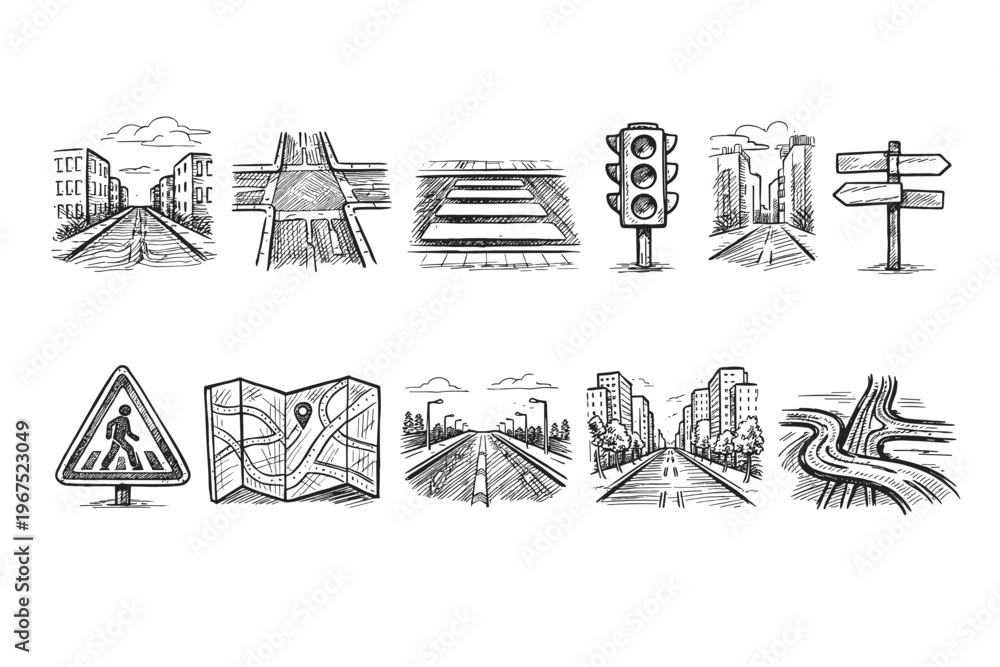 Naklejka premium Collection of hand-drawn urban road and navigation icons for design projects