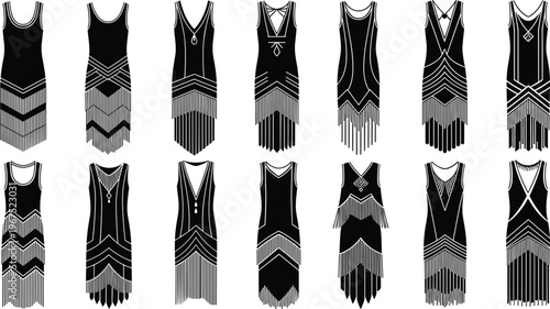 Professional 1920s Flapper Dress Silhouettes Vector Set Featuring Vintage Gatsby Style Fringe Gowns for Fashion and Retro Party Designs