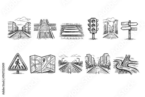 Collection of hand-drawn urban road and navigation icons for design projects