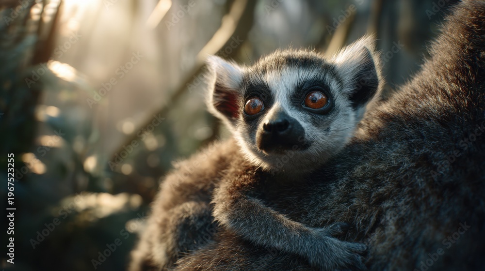 Fototapeta premium Lemur rests on the back of another in a forest during daylight hours