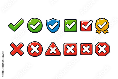 Collection of colorful checkmark and cross icons for validation and rejection