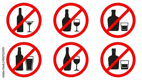 Free Download Set of no alcohol prohibition signs with red prohibition symbols showing crossed out wine bottles and glasses in various designs for restricted beverages and banned alcoholic drinks - GFXLoad