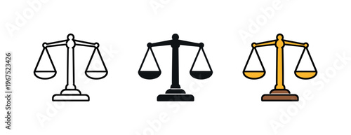 Within corporate compliance context identical scale of justice icons appear arranged left to right with consistent balanced arms