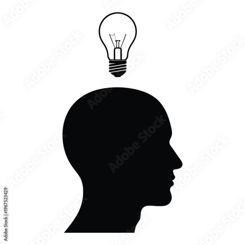 Silhouette of a head with a light bulb symbolizing an idea with problem solving