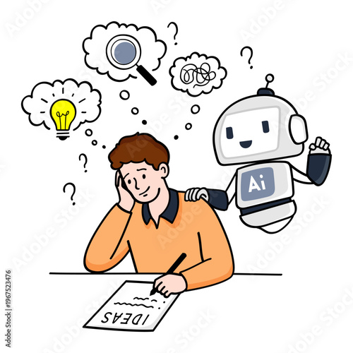 Canvastavla A vector illustration and icon of an AI robot helping a man in a brainstorming session, the man is noting down ideas on paper