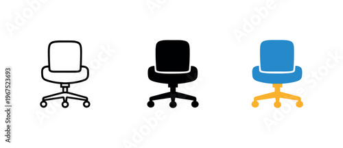 Within modern corporate interior context identical swivel chair icons appear arranged left to right with consistent seat curve