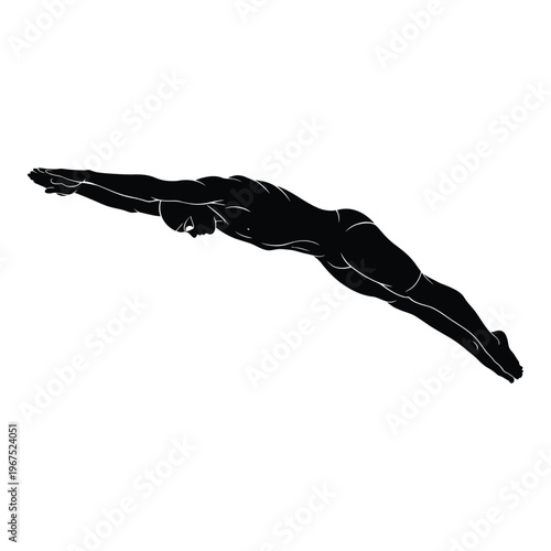 Silhouette of a swimmer diving with synchronized swimming with white background with black and white with swim cap