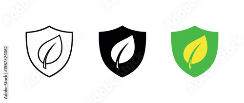 Environmental conservation concept illustrated by matching shield with leaf icons aligned horizontally with identical crest