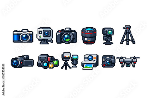 Pixel art collection of various photography and videography equipment icons