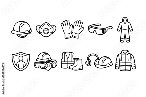 Collection of personal protective equipment icons for safety and hazard prevention