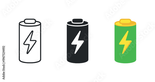 Within eco innovation landscape context identical battery with lightning bolt icons appear arranged left to right with consistent