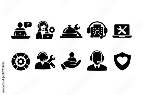 Collection of service and support icons representing customer care, technical assistance, and help desk operations