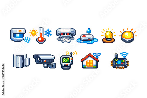 Pixel art icons for smart home security and environmental monitoring systems