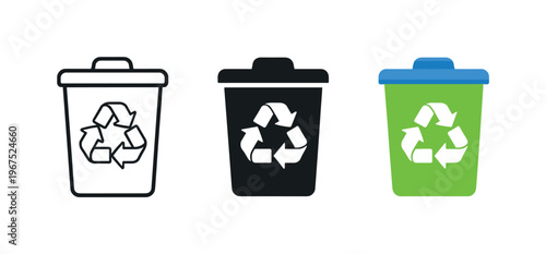 Sustainability effort concept illustrated by matching recycling bin icons aligned horizontally with identical rectangular body